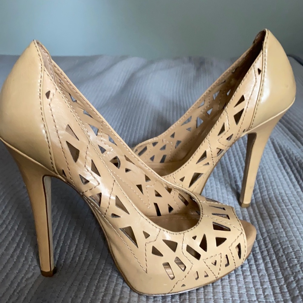 Adorable tan peep toe stilettos. Worn twice. EUC